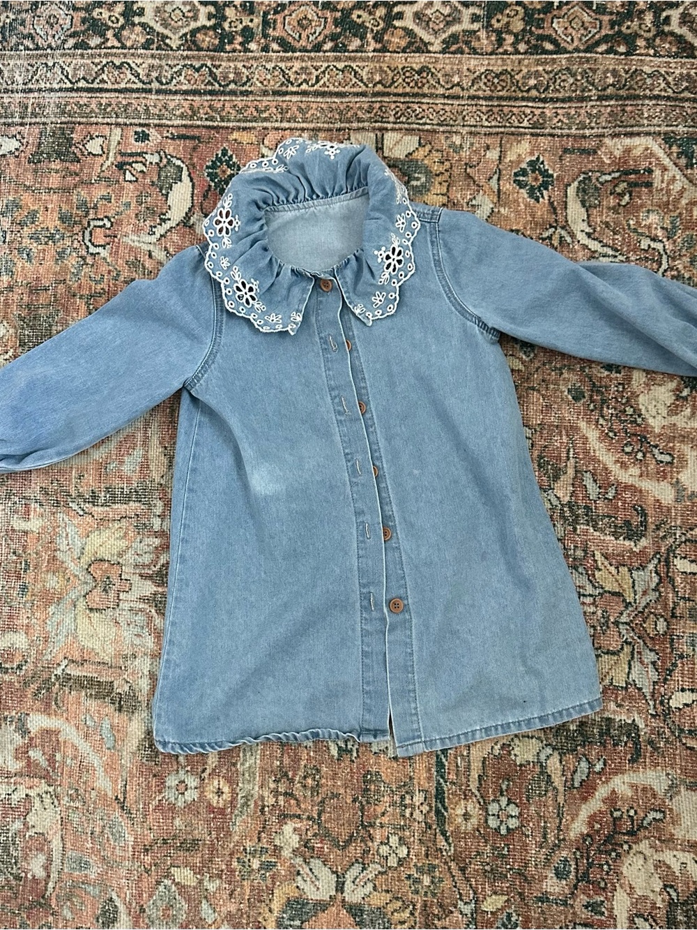 Girls Light Blue Denim Dress with Embroidered Ruffle Collar